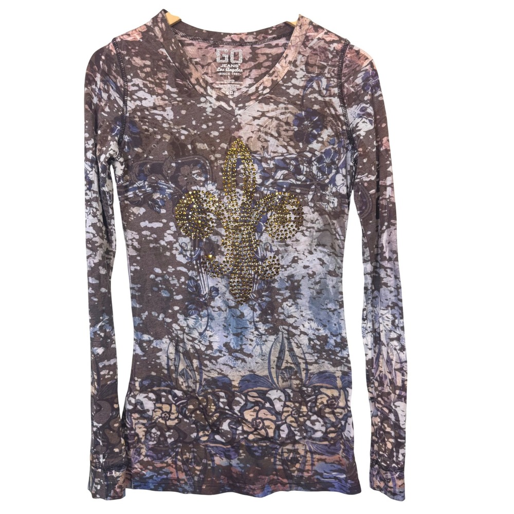 Vintage Women Y2K Shirt Large‎ Long Sleeve Fleur de Lis Embellished Grunge 90s